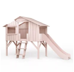 Lit Cabane Avec Toboggan - Rose Poudré